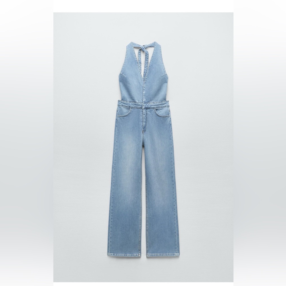 Zara Blue Denim Overalls with Halter Top and Wide Leg